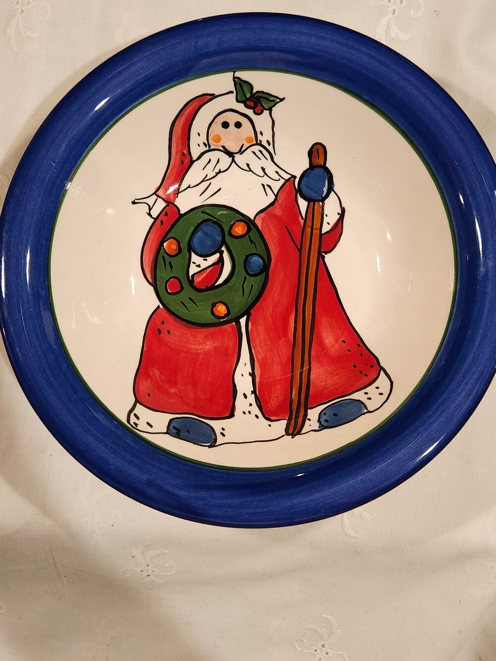 Libbey Christmas Santa  Blue,Red & Green 8.25" Dinner Plate Hand Painted Holiday